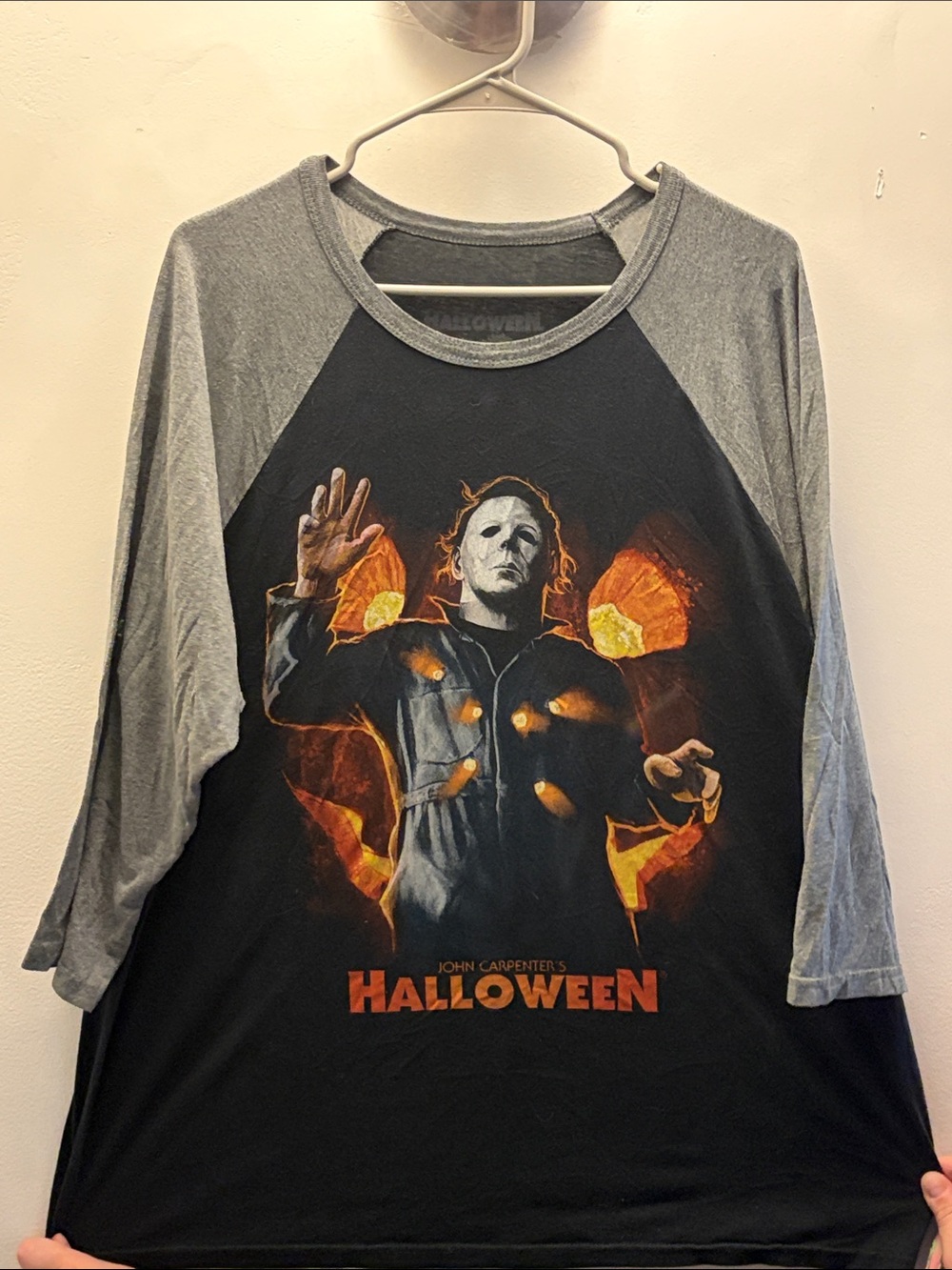 Halloween movie Graphic baseball Long Sleeve Tee — Black and Gray